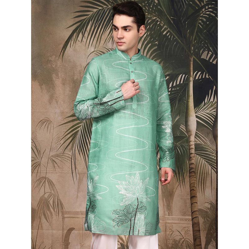 Sanwara Men's Green Festive Cotton Floral Kurta (S)