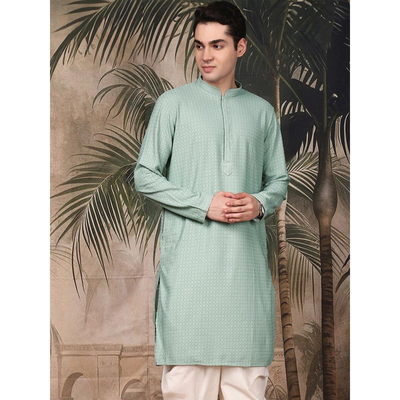 Sanwara Men's Green Festive Cotton Embroidered Kurta (M)