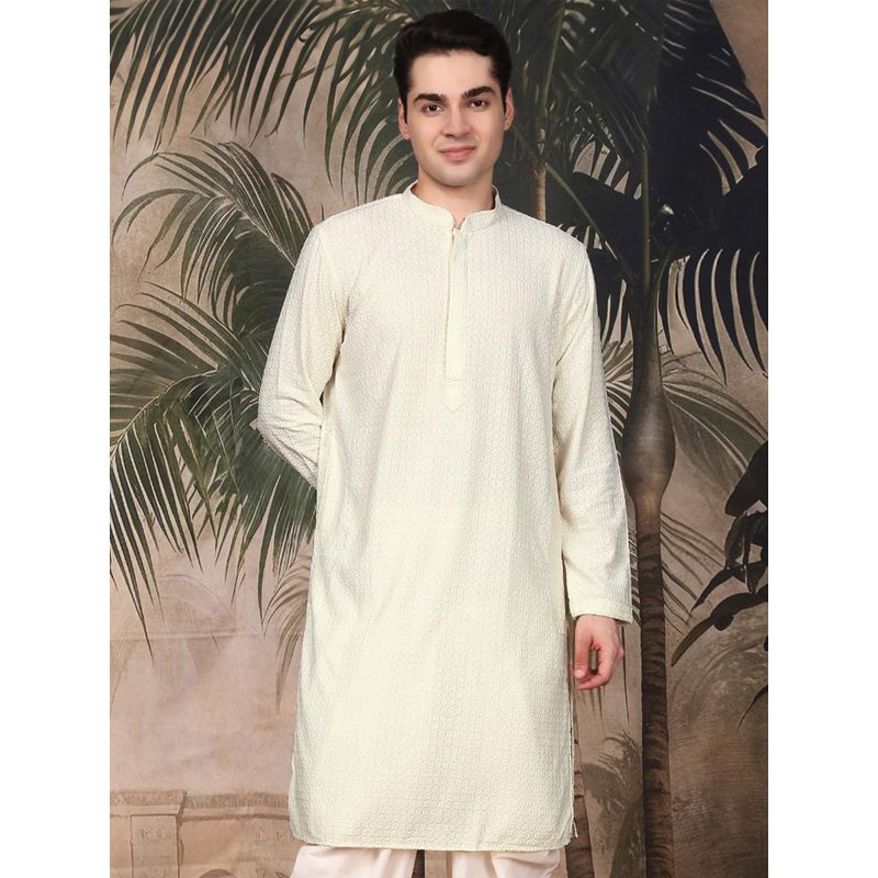 Sanwara Men's Off White Festive Cotton Embroidered Kurta (M)