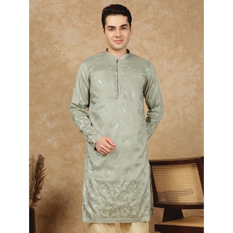 Sanwara Men's Green Festive Silk Blend Embroidered Kurta (L)