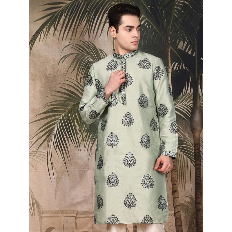 Sanwara Men's Green Festive Silk Embellished/Sequined Kurta (S)