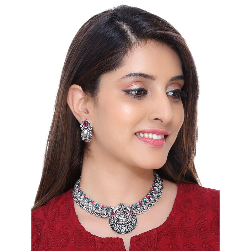 Buy Yellow Chimes Kolhapuri Worked Silver Oxidized Choker Necklace