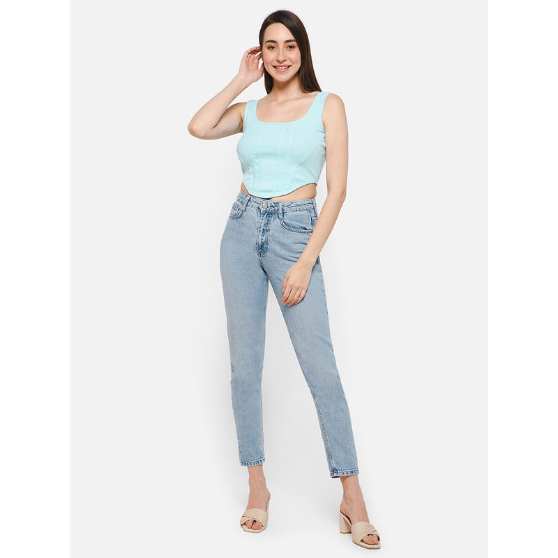 Clovia Chic Basic Ribbed Corset Style Crop Top in Baby Blue - Cotton (S)