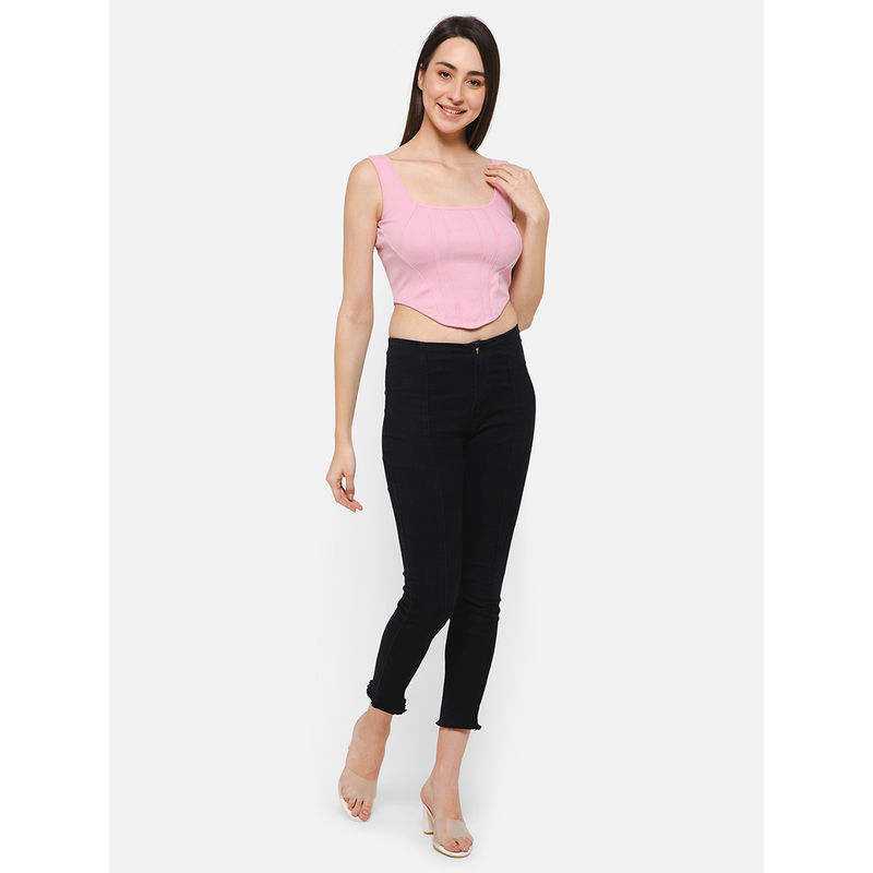 Clovia Chic Basic Ribbed Corset Style Crop Top in Baby Pink - Cotton (M)