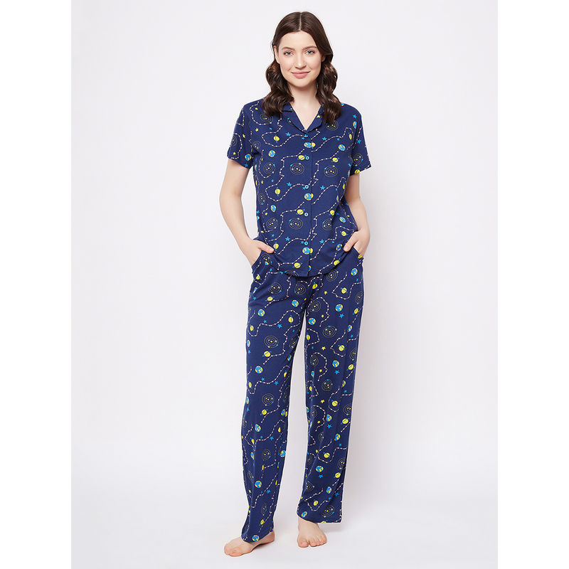 Clovia Galaxy Print Button Down Shirt & Pyjama Navy - 100% Cotton (Set of 2) (L)