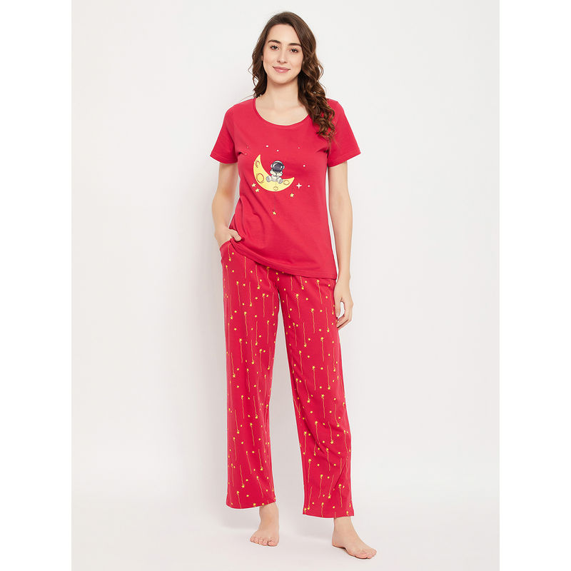 Clovia Astronaut & Star Print Top & Pyjama Red - 100% Cotton (Set of 2) (S)