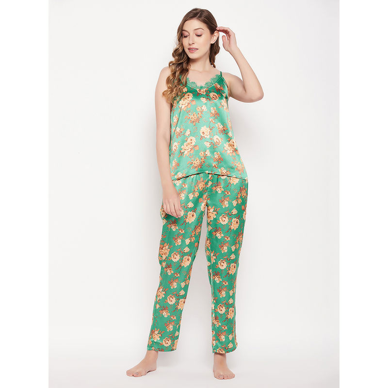 Clovia Pretty Florals Cami Top & Pyjama Green - Satin (Set of 2) (XL)