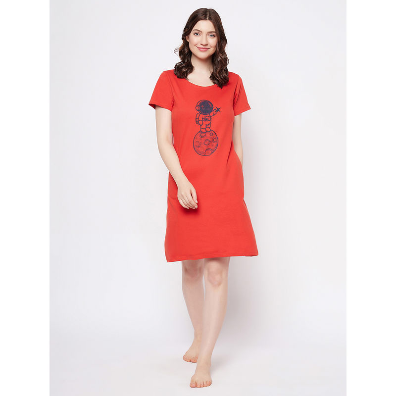 Clovia Astronaut & Moon Print Short Night Dress in Red - 100% Cotton (S)