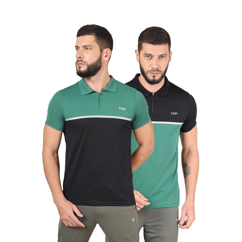 Technosport Multi-Color Men Pack of 2 Colorblock Slim Fit Polo Sports T-shirt (M)