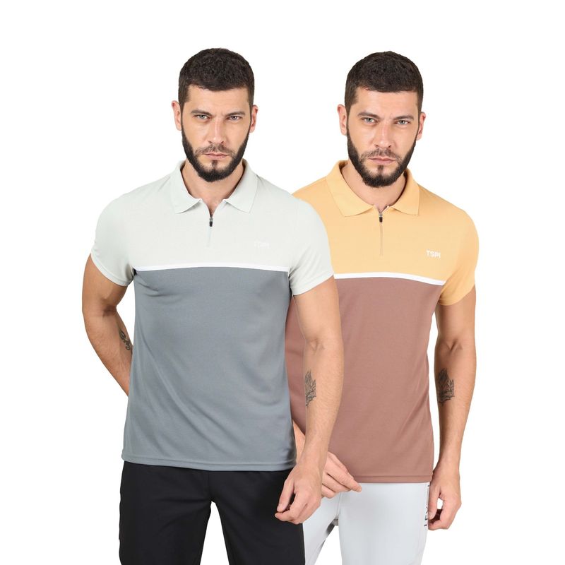 Technosport Multi-Color Men Pack of 2 Colorblock Slim Fit Polo Sports T-shirt (XL)