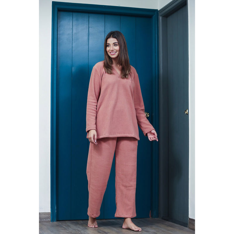 FEATHERS CLOSET Pink Solid Relaxed Fit Top and Pant (Set of 2) (S/M)