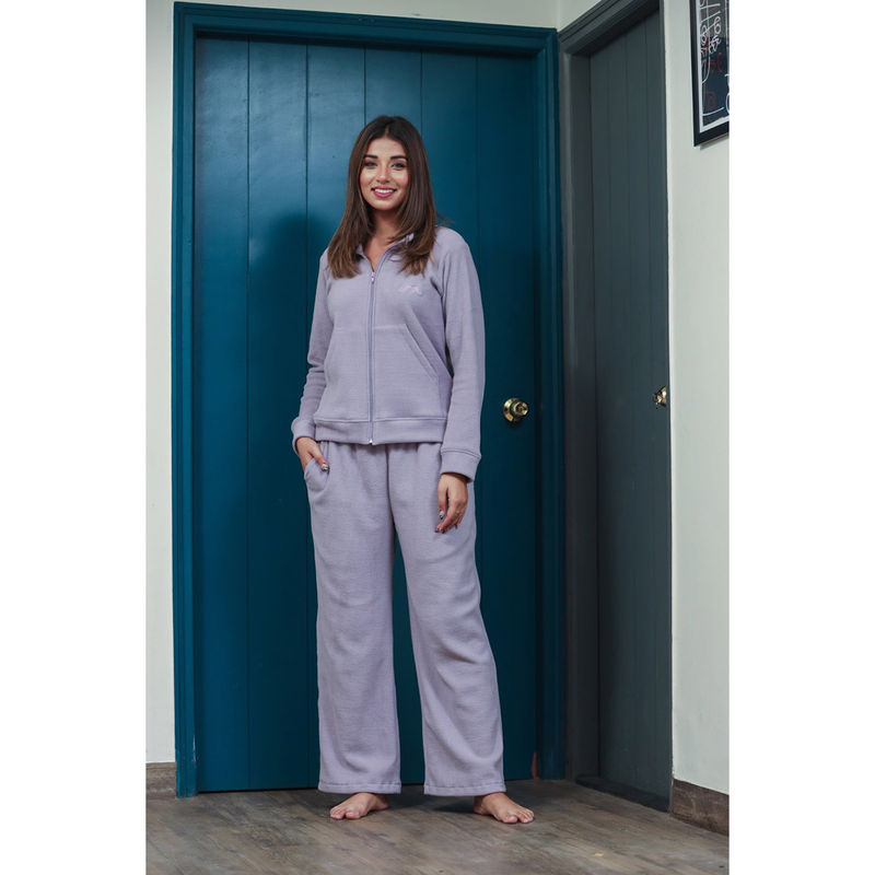 FEATHERS CLOSET Lavender Solid Relaxed Fit Zipper Top and Pant (Set of 2) (2XL)
