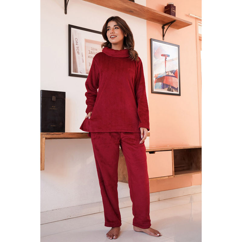 FEATHERS CLOSET Maroon Solid Relaxed Fit Top and Pant (Set of 2) (S/M)