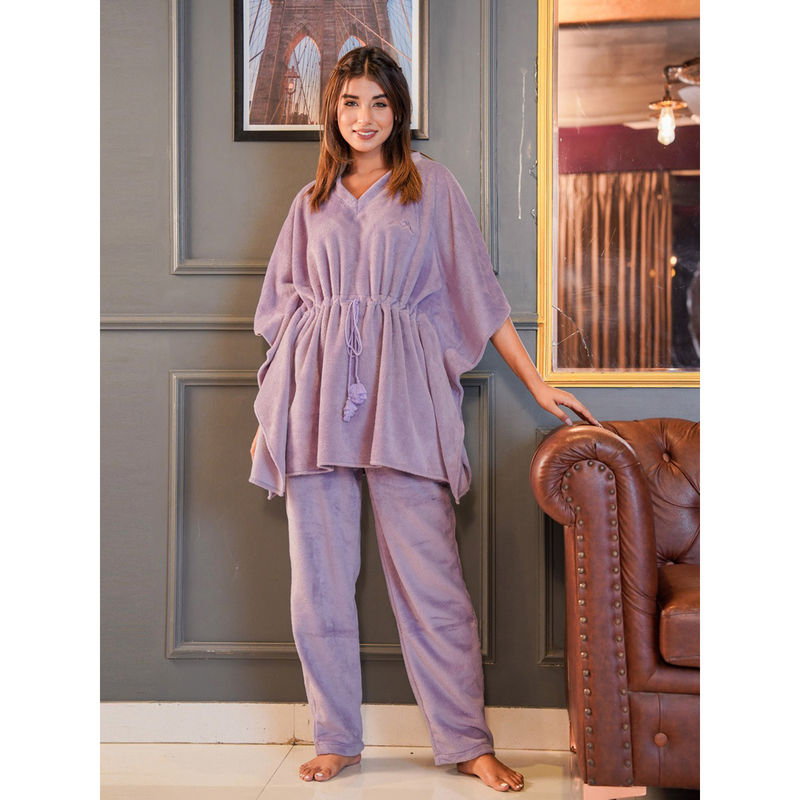 FEATHERS CLOSET Lavender Solid Relaxed Fit Kaftan Top and Bottom (Set of 2) (L/XL)