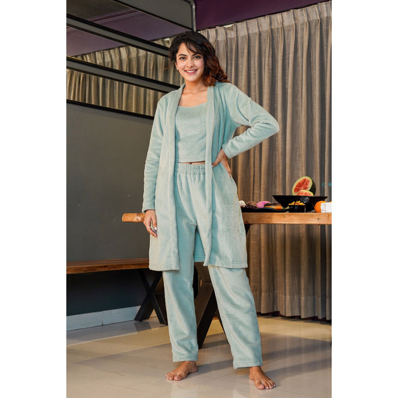 FEATHERS CLOSET Blue Solid Relaxed Fit Top and Jacket with Pant (Set of 3) (L/XL)