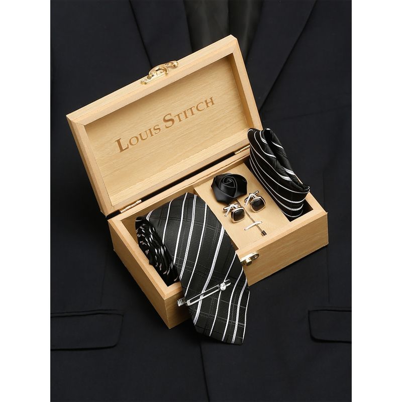 Louis Stitch Mens Checkered Black and White Italian Silk Tie Pocket ...