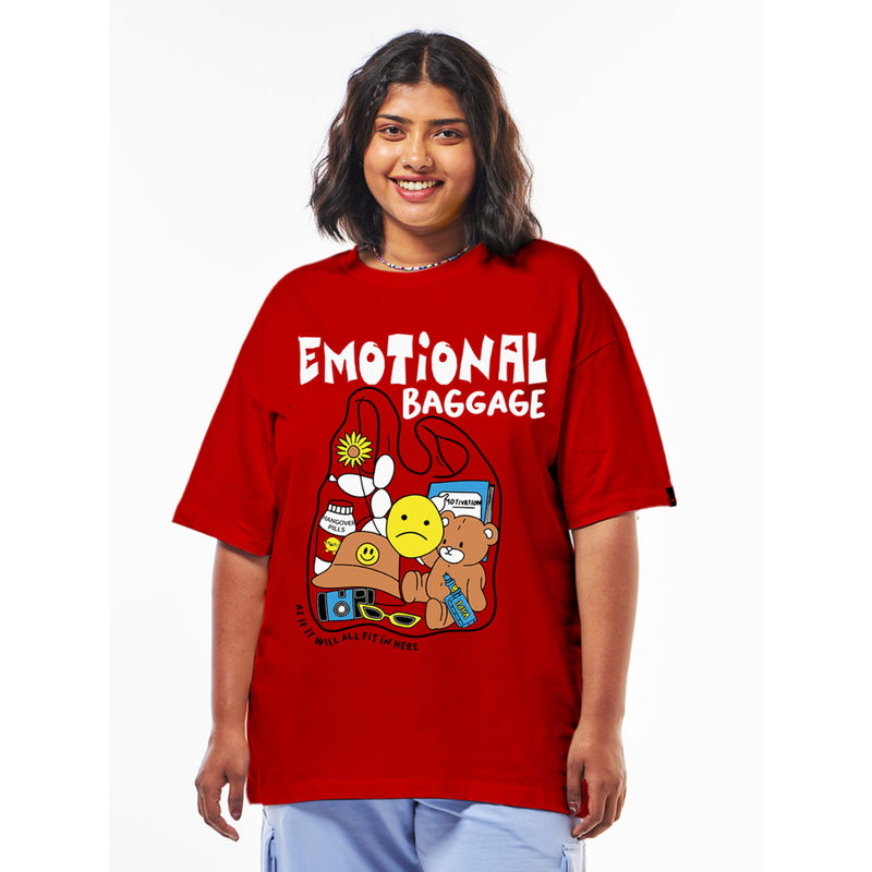 Bewakoof Women's Red Emotional Baggage Graphic Printed Oversized Plus Size T-shirt (6XL)