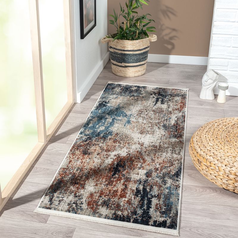 OBSESSIONS Anti-Static Power Loomed Bedside Runner, Cream & Blue (2x5 Feet)