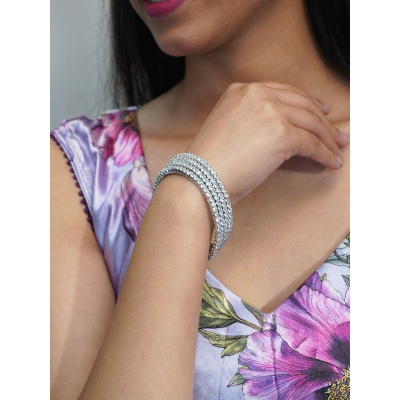 Niscka White American Diamond Ad and CZ Studded Luxury Bangle (Set of 4) (2.6)