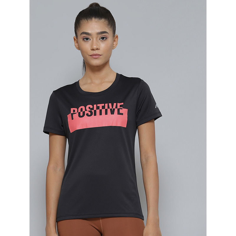 Alcis Women Black Typography Printed Slim Fit T-shirt (S)