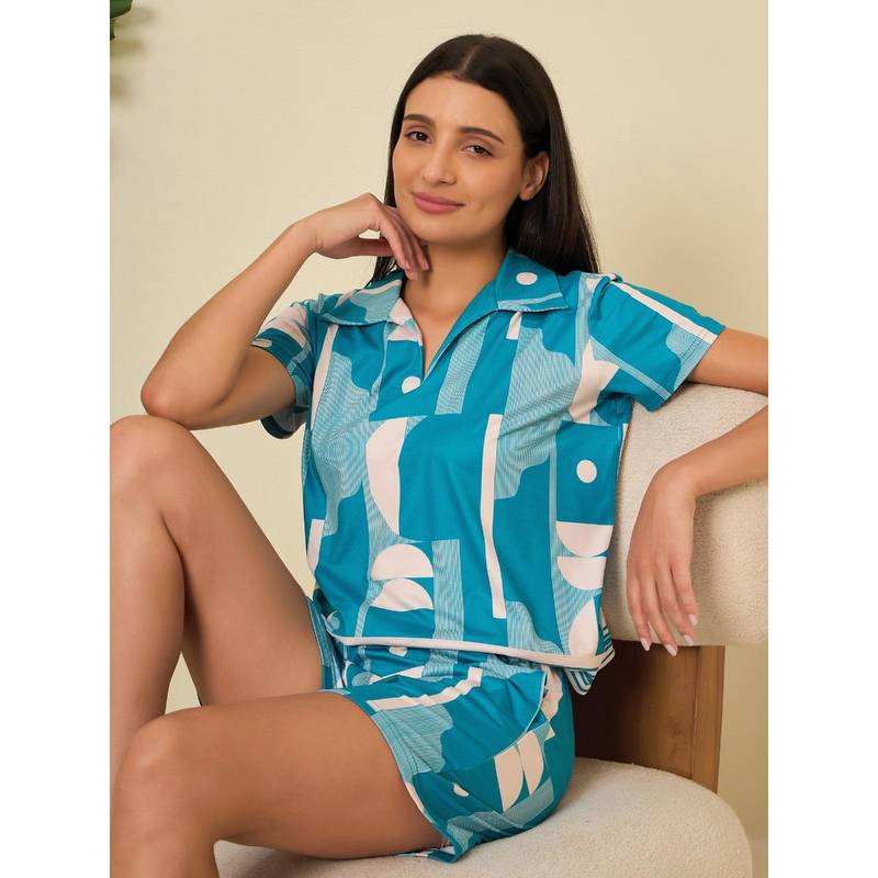 Sweet Dreams Women Blue Printed T-Shirt with Shorts (Set of 2) (S)