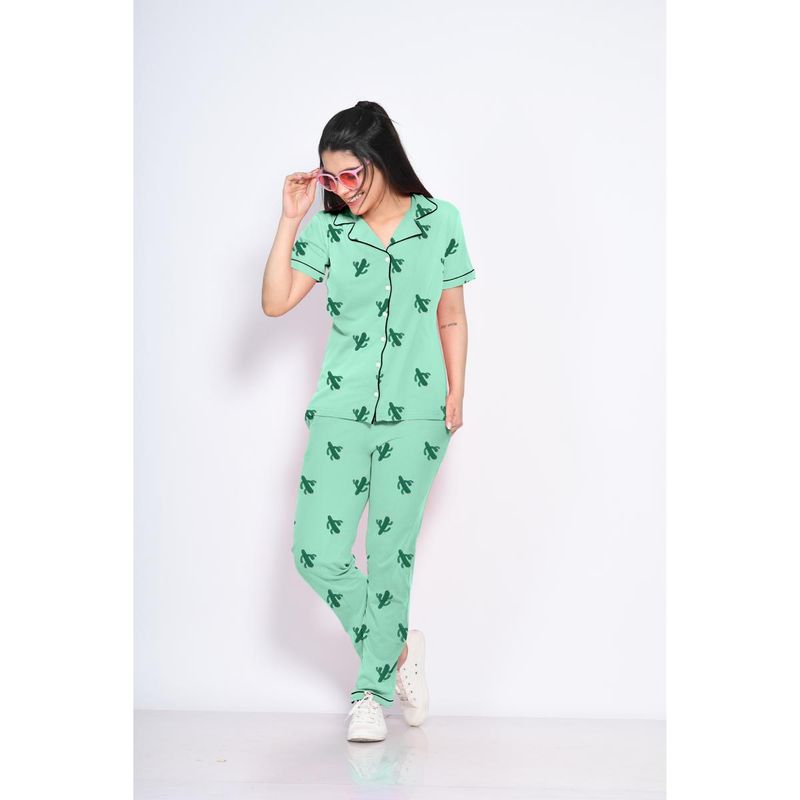 NAP STORY Cactus Printed Half Sleeves Shirt with Pyjama (Set of 2) (M)