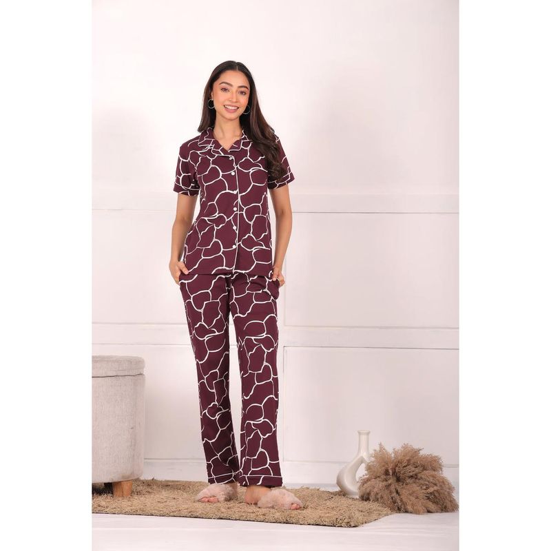 NAP STORY Plum Printed Half Sleeves Shirt with Pyjama (Set of 2) (XL)