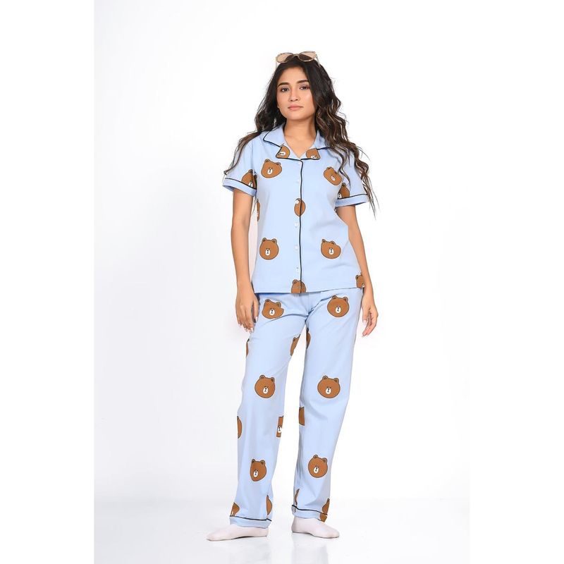 NAP STORY Bear Printed Half Sleeves Shirt with Pyjama (Set of 2) (XL)