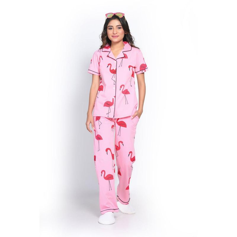 NAP STORY Flamingo Printed Half Sleeves Shirt with Pyjama (Set of 2) (M)