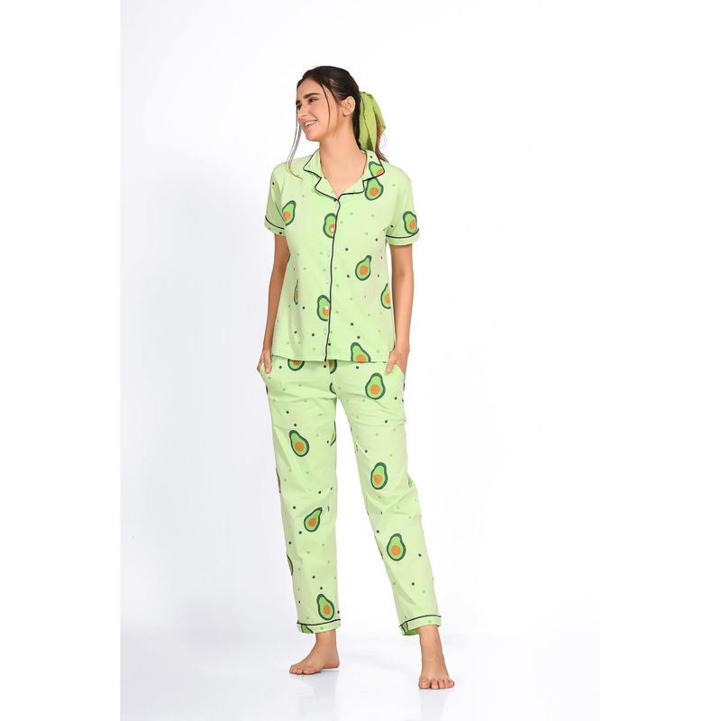 NAP STORY Green Avocado Printed Half Sleeves Shirt with Pyjama (Set of 2) (M)