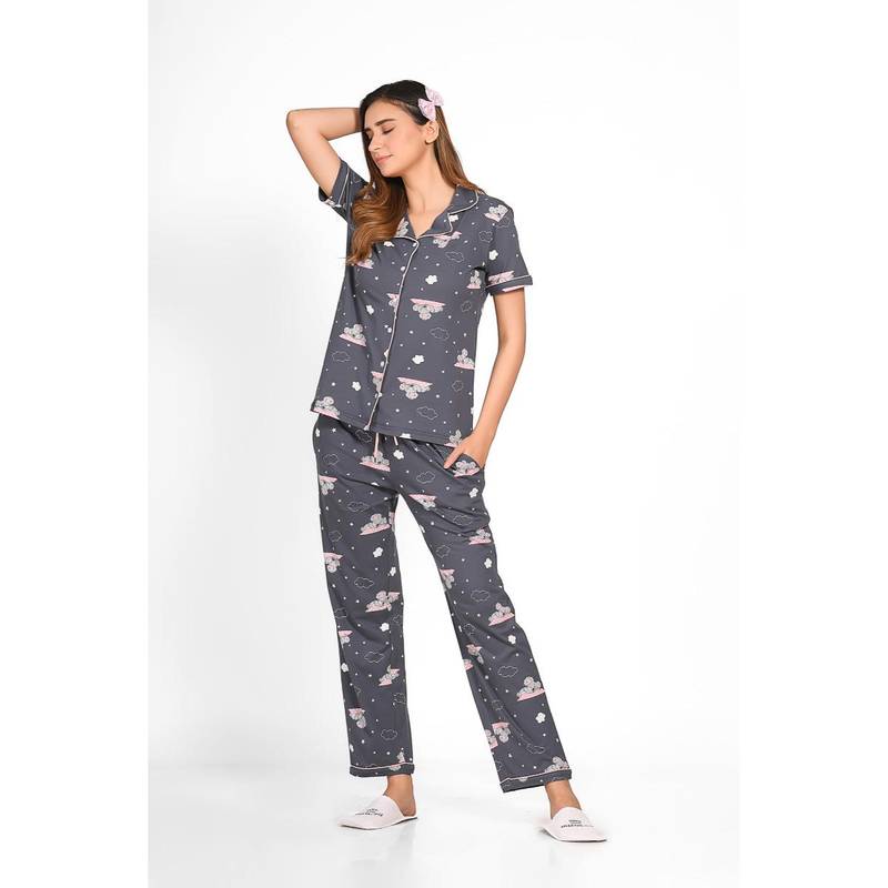 NAP STORY Grey Koala Printed Half Sleeves Shirt with Pyjama (Set of 2) (L)