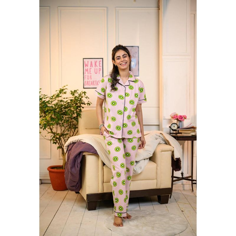 NAP STORY Pink Kiwi Printed Half Sleeves Shirt with Pyjama (Set of 2) (S)