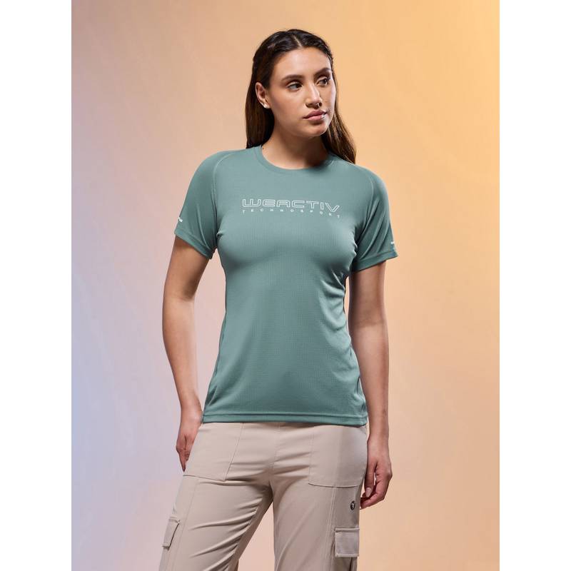 Technosport Women Green Polyester Typography Regular Fit T-Shirt (L)