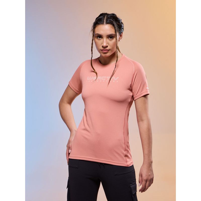 Technosport Women Peach Polyester Typography Regular Fit T-Shirt (S)