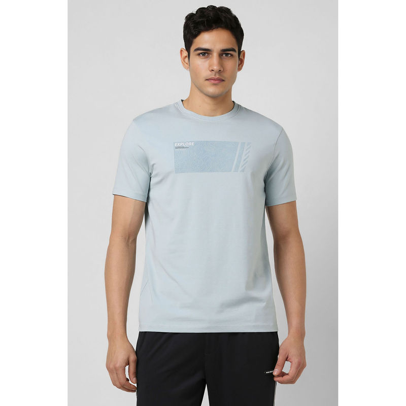 Van Heusen Men Light Blue Graphic Print Crew Neck T-Shirt (S)