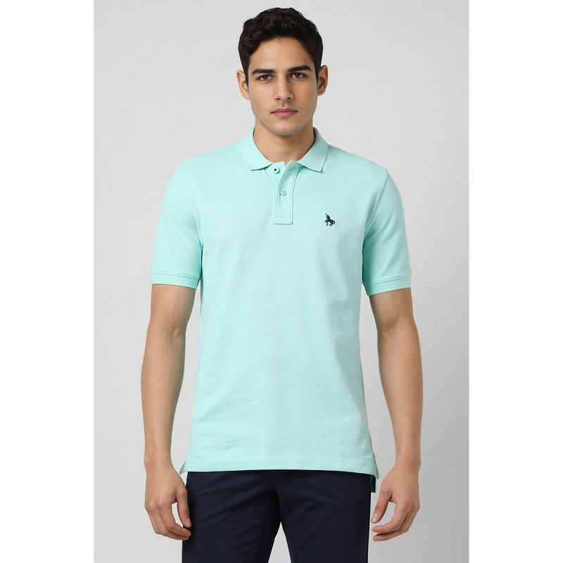Van Heusen Men Sea Blue Textured Polo Neck T-Shirt (S)