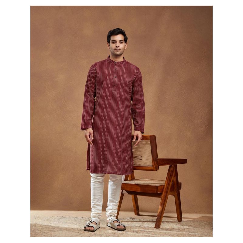 Fabindia Maroon Cotton Dobby Long Kurta (L)