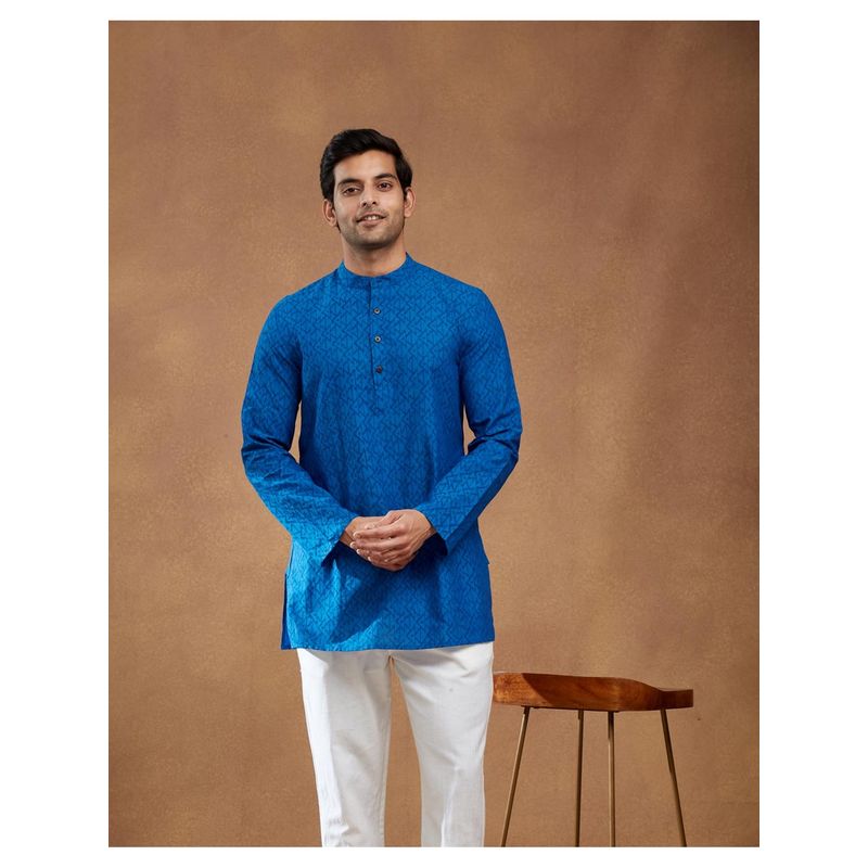 Fabindia Men Blue Cotton Hand Block Printed Slim Fit Short Kurta (M)