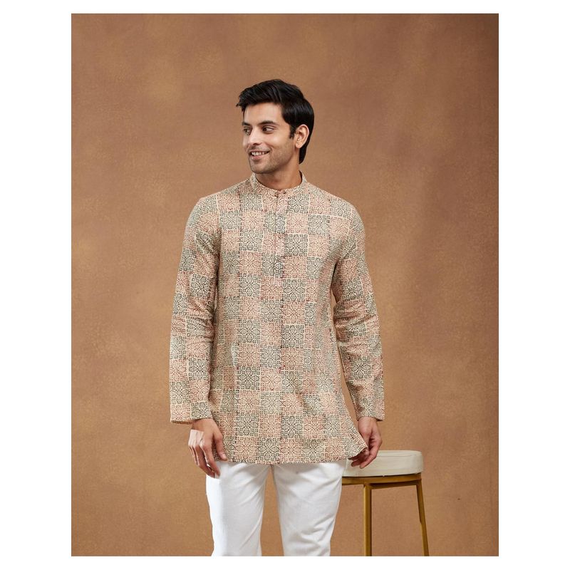 Fabindia Beige Cotton Bagru Geometric Slim Fit Short Kurta (S)
