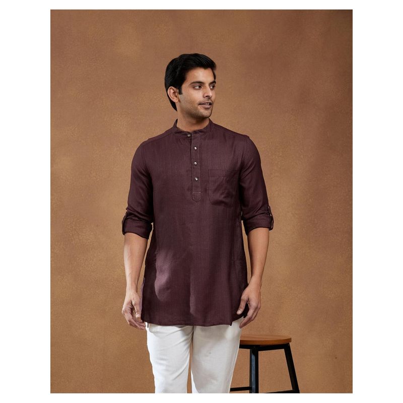 Fabindia Wine Viscose Blend Dobby Slim Fit Short Kurta (S)