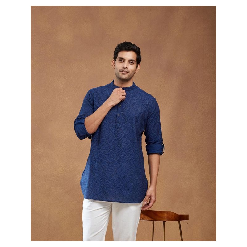 Fabindia Men Blue Cotton Hand Block Printed Slim Fit Short Kurta (S)