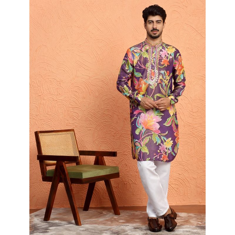 KRAFT INDIA LUXE Silk Yoke Design Floral Mirror Work Purple Kurta (42)