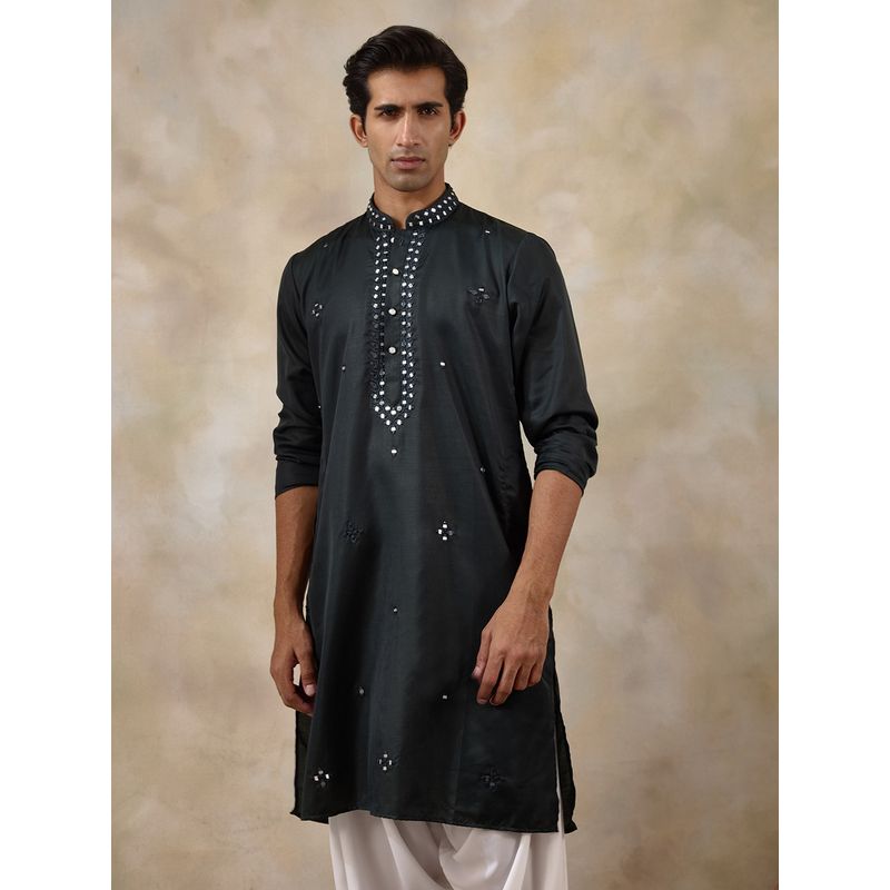 SATWAA Deep Green Mirror Work Men Kurta (42)
