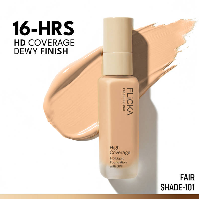 FLiCKA Pro HD Liquid Foundation High Coverage Dewy Finish SPF 16Hr Long Wear - Shade 101 Fair