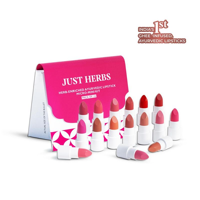 Just Herbs Ayurvedic Lipstick Kit, Matte Finish, Long-lasting & Weightless - Pack of 16