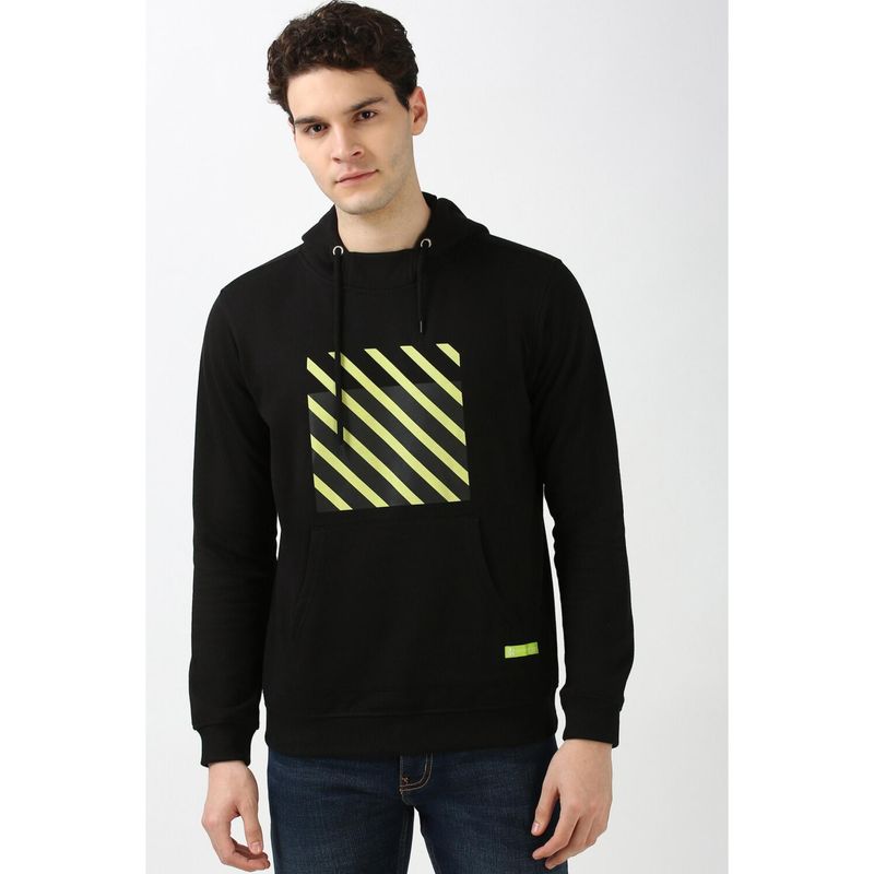 Peter England Men Black Print Hooded Neck Hoodie (S)