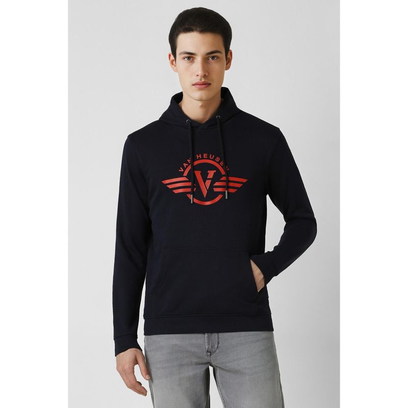 Van Heusen Men Navy Print Hooded Neck Hoodie (M)