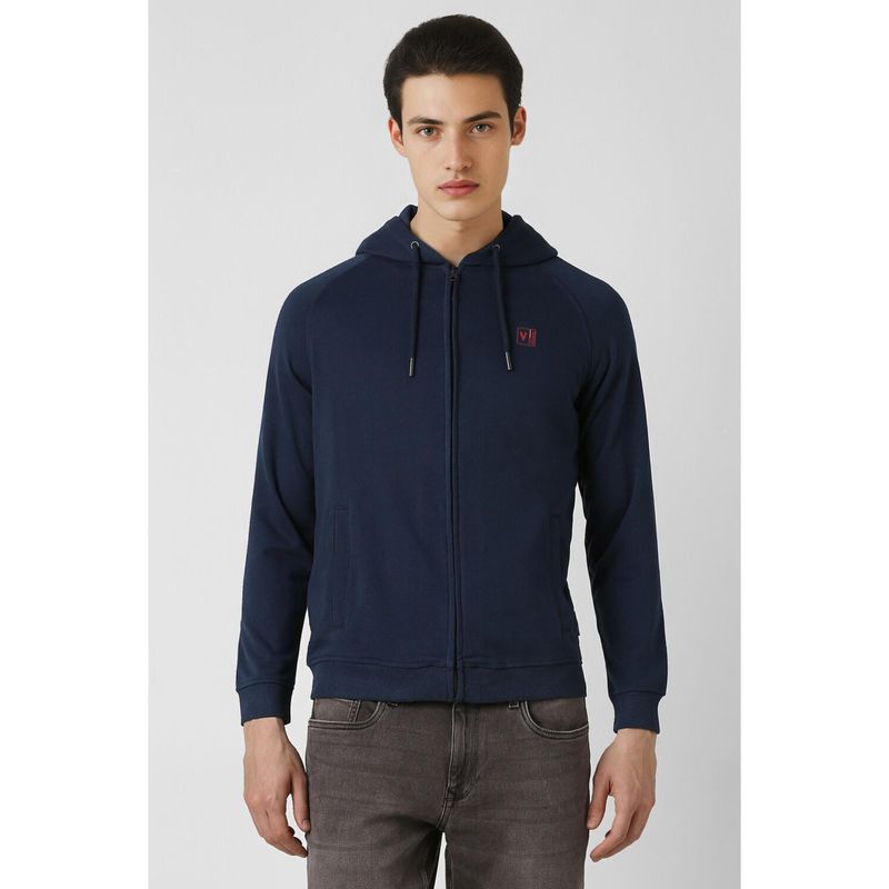 Van Heusen Men Navy Blue Solid Hooded Neck Hoodie (M)