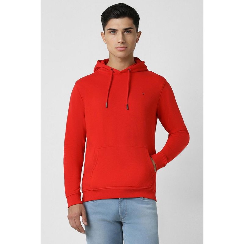 Van Heusen Men Red Solid Hooded Neck Hoodie (M)