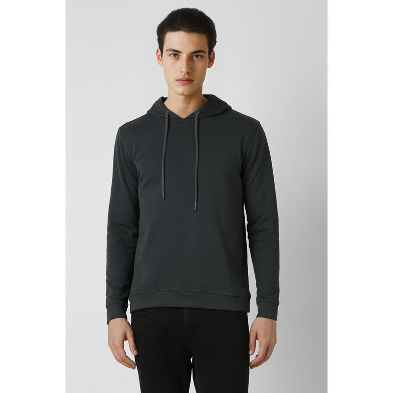 Van Heusen Men Grey Solid Hooded Neck Hoodie (L)